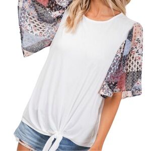 BOUTIQUE ITEM- WHITE TOP/TEE WITH COLOR BLOCK FLUTTER SLEEVES & WAIST TIE